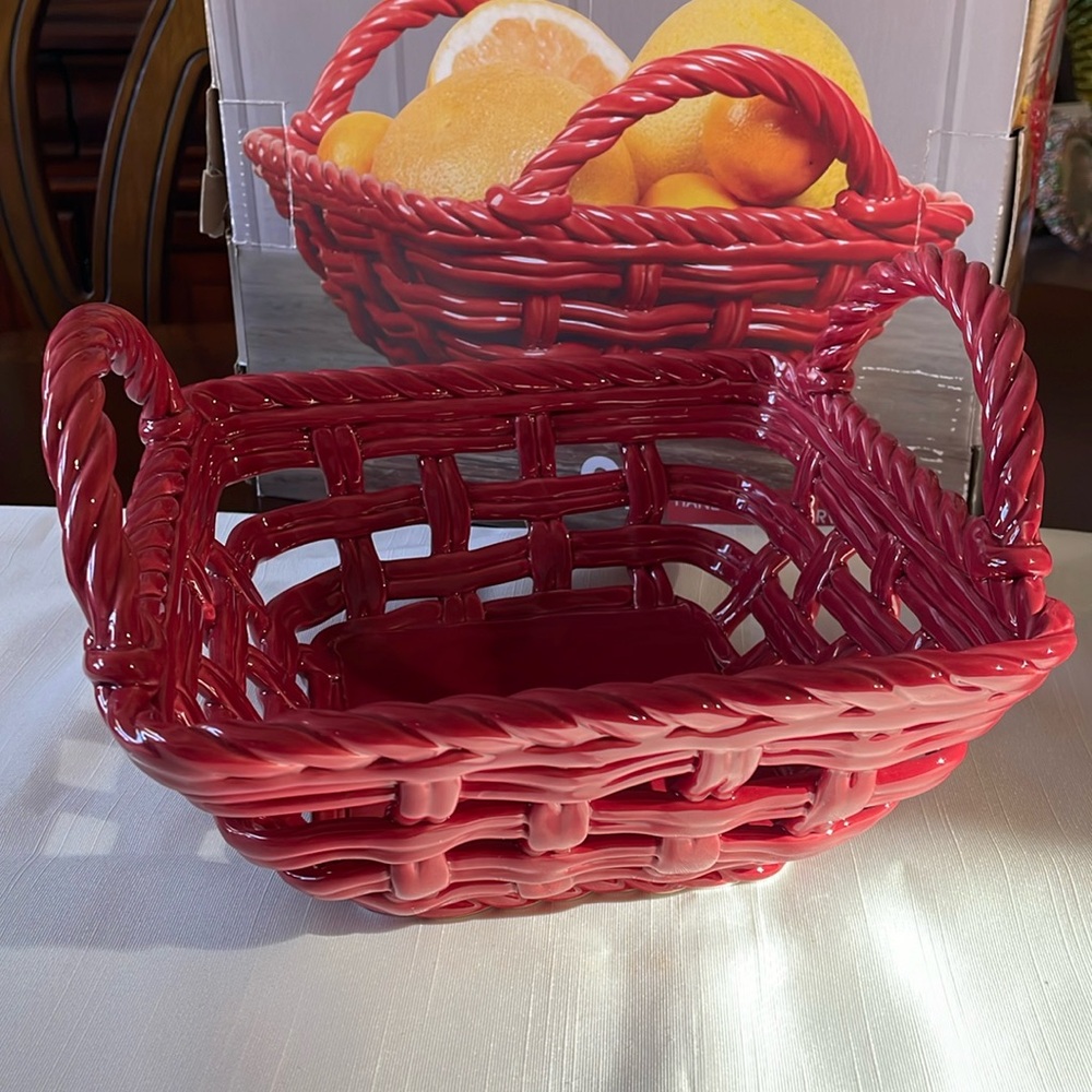 Gallery 9” x 5.5” red ceramic  hand woven serving basket new in box